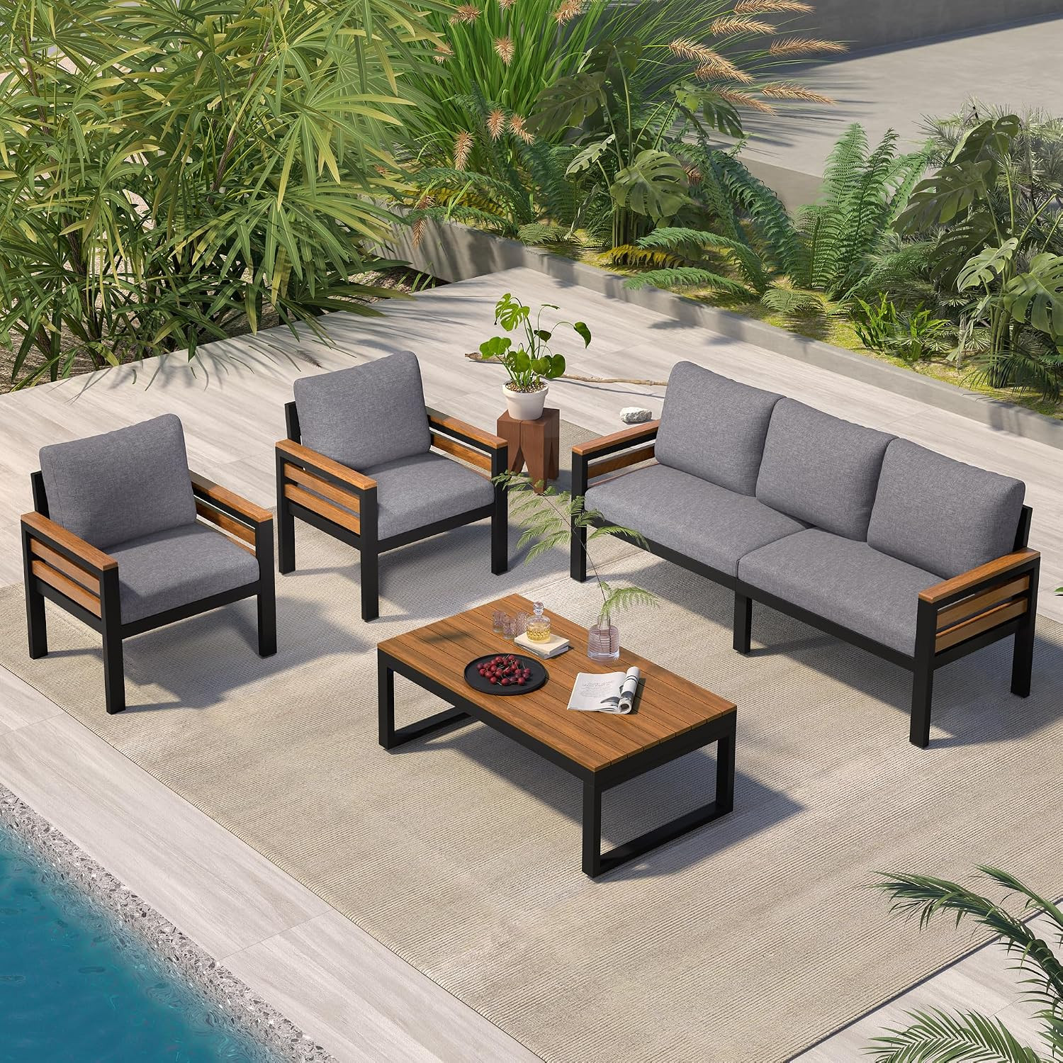 4-Piece Outdoor Furniture Sofa Set for 5 People with Acacia Wood Armrests, Patio