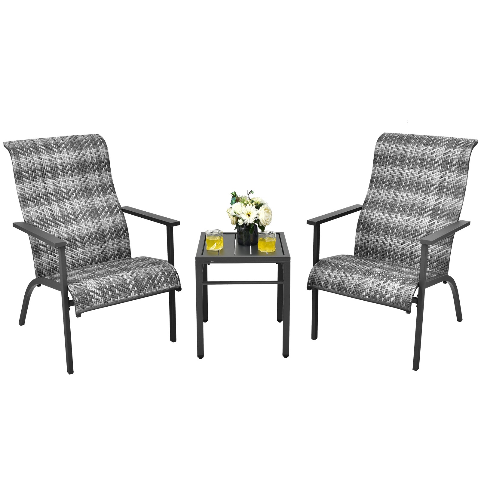 Patiojoy 3 PCS Patio Rattan Bistro Set High Backrest Armrest SideTable Mix Gray