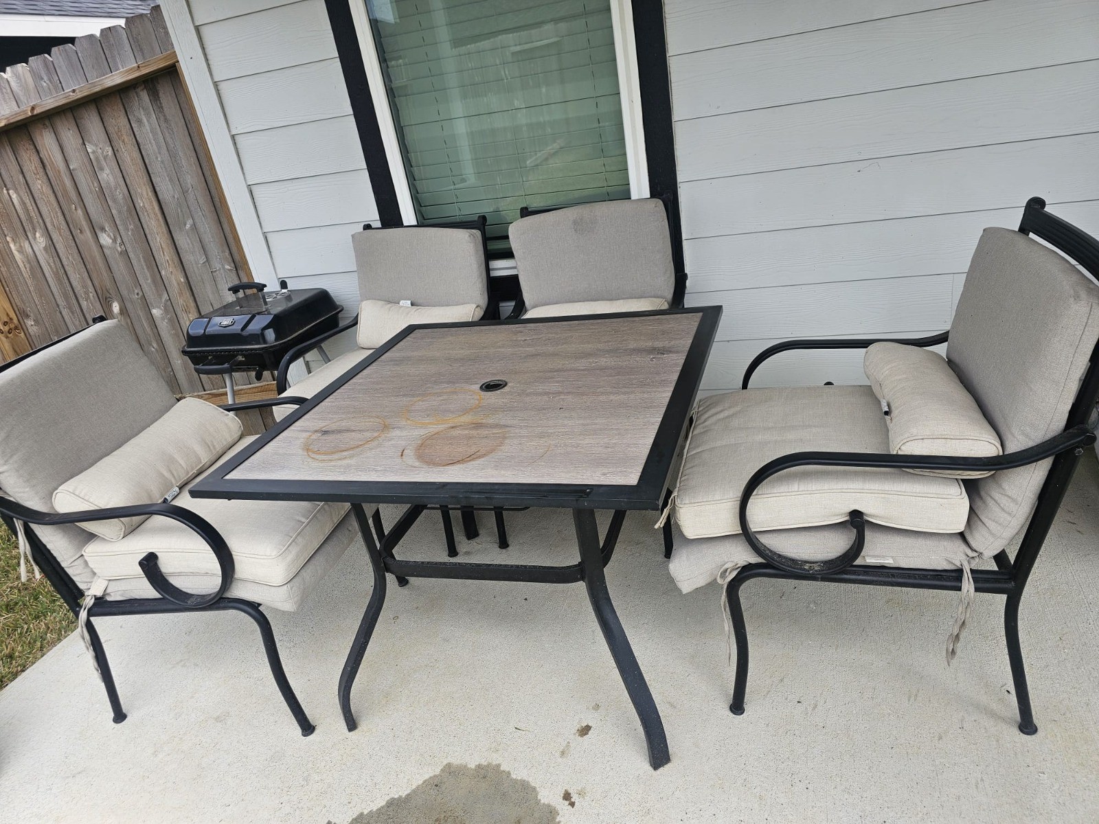 Five-Piece Patio Set: Square Wood Table & 4 Cushioned Metal Chairs, Beige/Black
