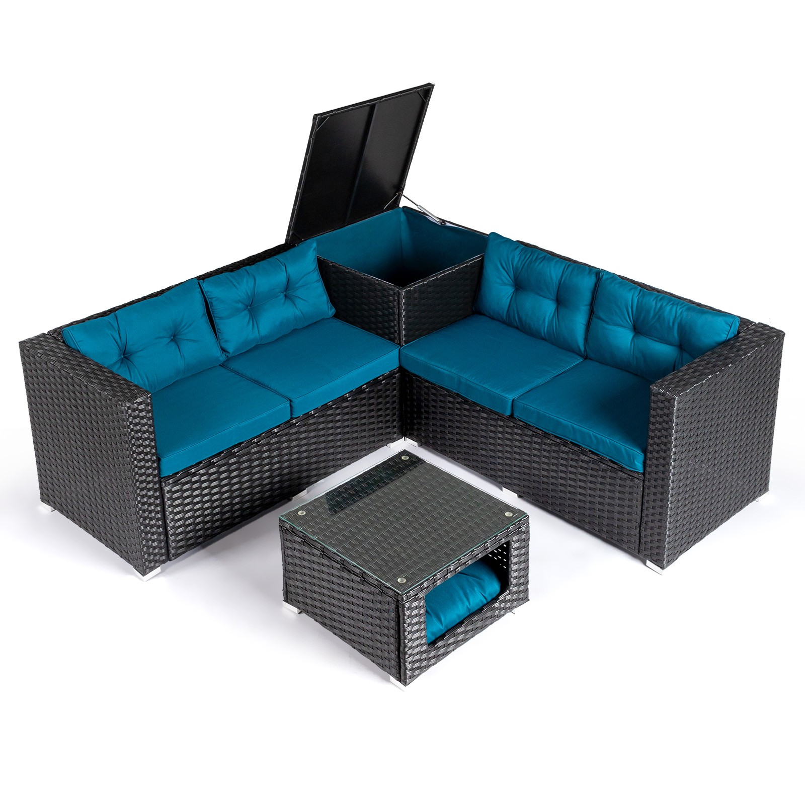 4 Piece Outdoor Patio Rattan Sectional Furniture Chair Set with Pet Coffee Table
