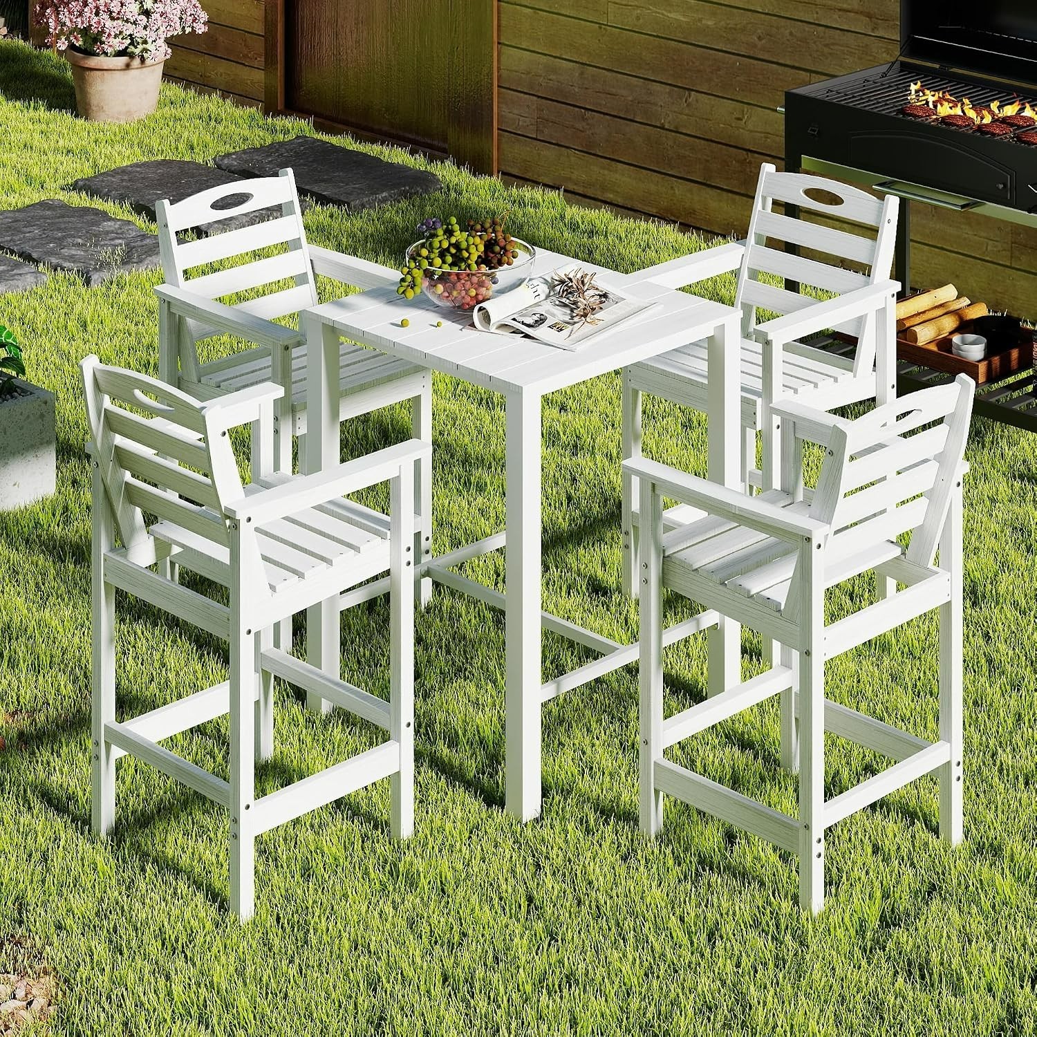 Domi 5Pcs HDPE Adirondack Patio Bar Set(1Table+4Chair)for Balcony,Backyard,White