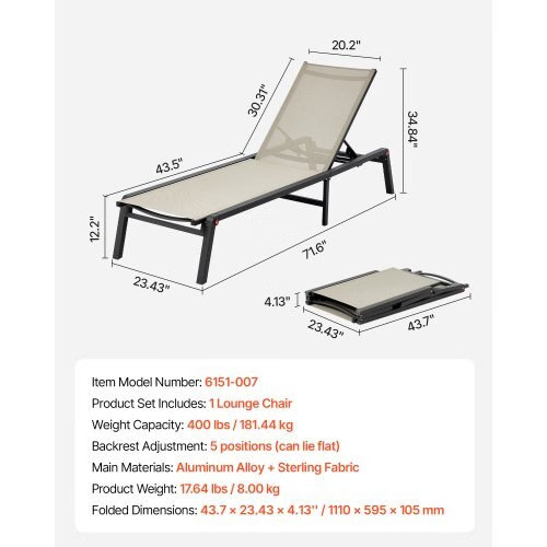 Outdoor Chaise Lounge Chair, 400 lbs Weight Capacity, Foldable Sun Tanning Chair