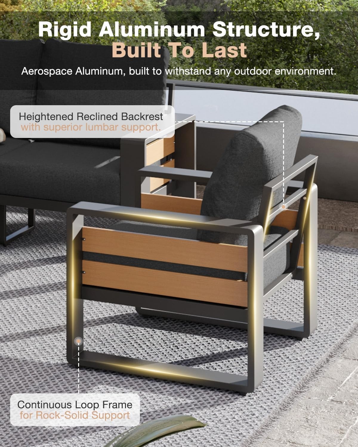 Wood-Texture Patio Conversation Set Aluminum Outdoor Furniture Set for Backyard