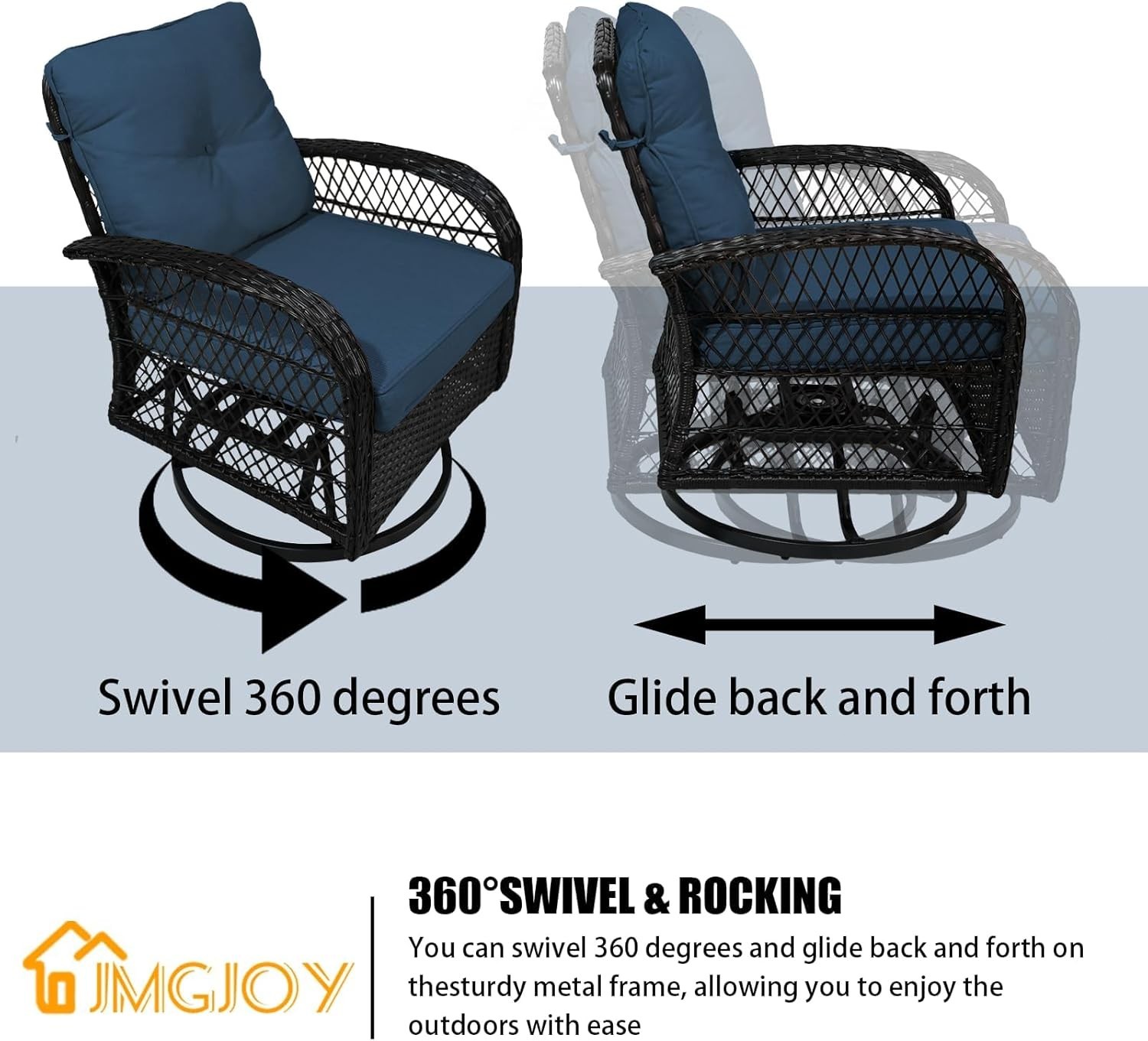 3 Piece Patio Furniture Set, 2 Outdoor Swivel Rocking Chairs w/ Side Table Blue