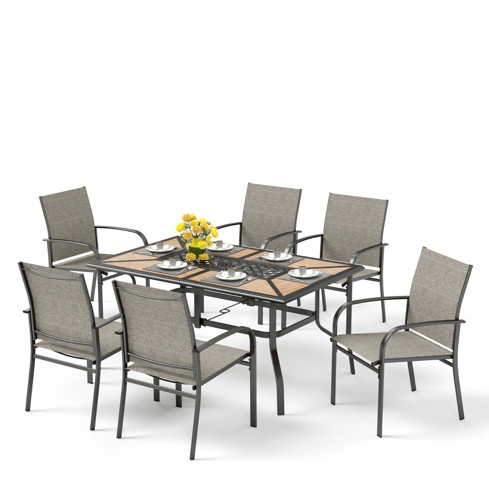 Patio Dining Set 7 Pieces Outdoor Furniture Metal Table and 6 Textilene Chairs