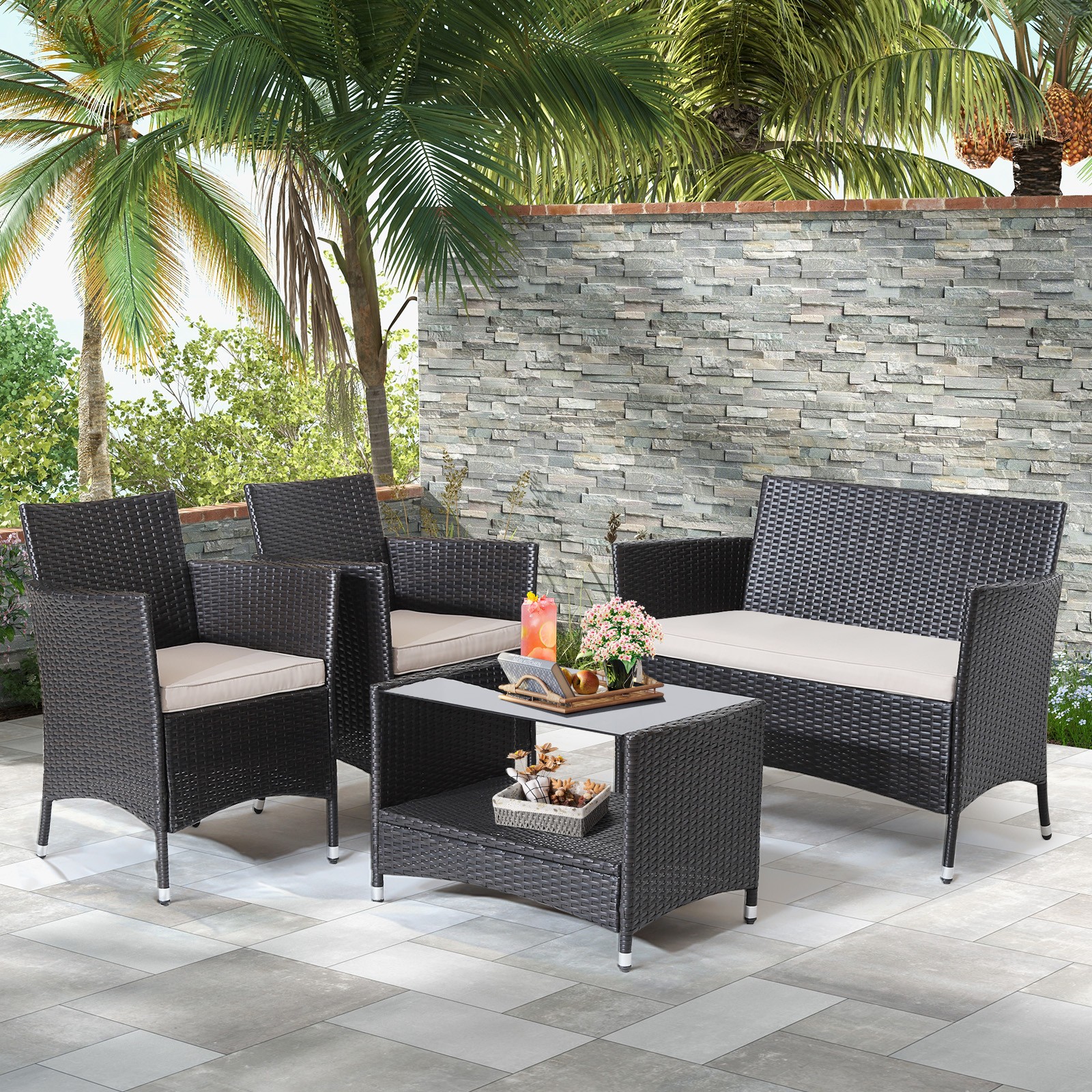 8PCS Patio Rattan Furniture Set Armrest Cushion Sofa Coffee Table W/Shelf Garden