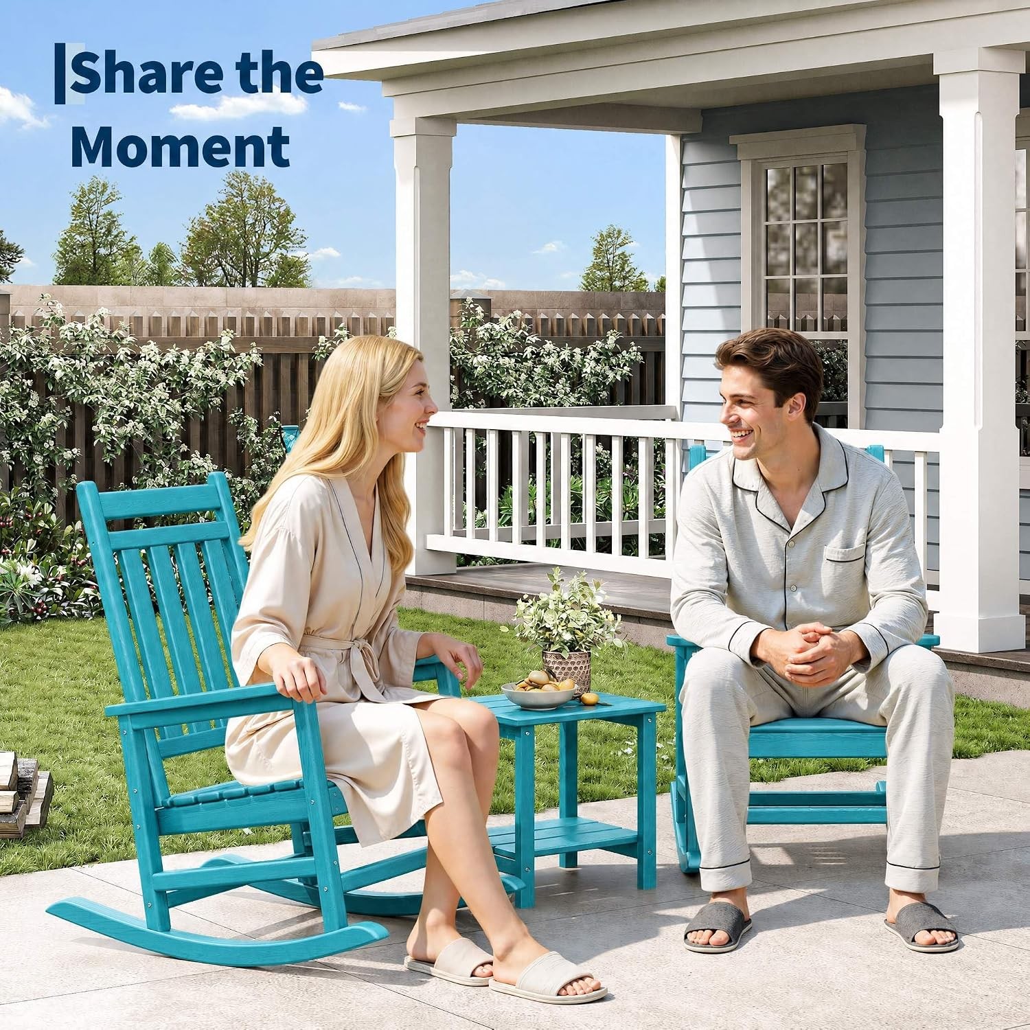 Set of 3 HDPE Rocking Chair w/ Side Table Porch Rocker Balcony Garden Furniture
