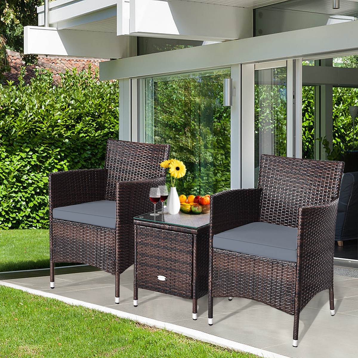 Topbuy 3 PCS Patio Wicker Rattan Furniture Set W/ Coffee Table Grey