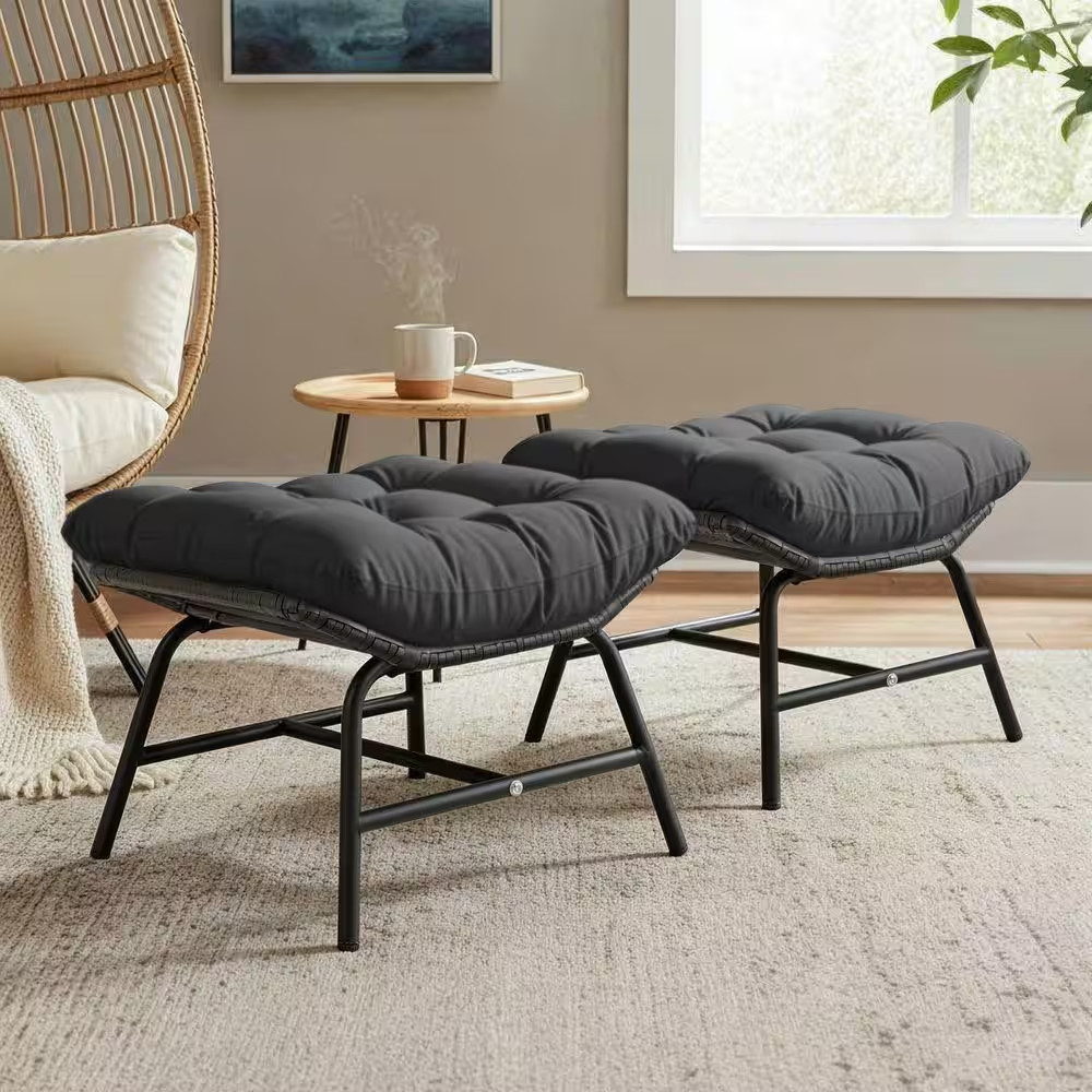 Wicker Outdoor Ottomans with Grey Cushions, Armless Patio Footrests W/Metal Fram