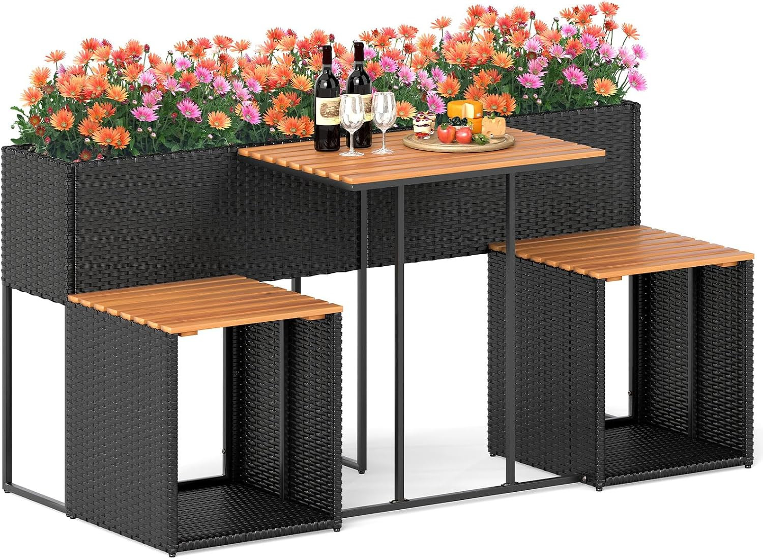 HAPPYGRILL Patio Furniture Set with Raised Garden Bed, Rattan Table Chairs Set w