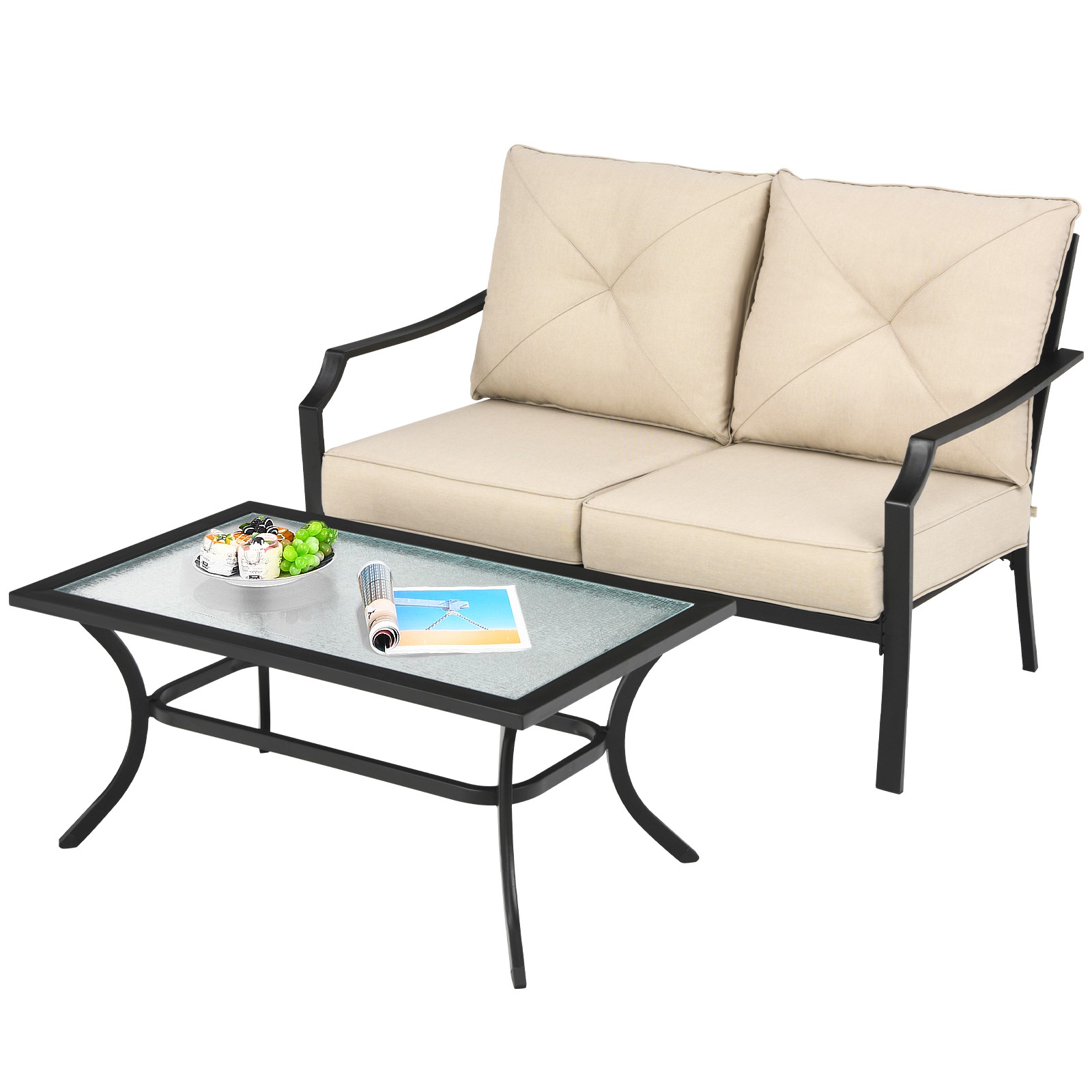 Patiojoy Patio 2 PCS Loveseat with Coffee Table Outdoor Sofa Bench with Cushions