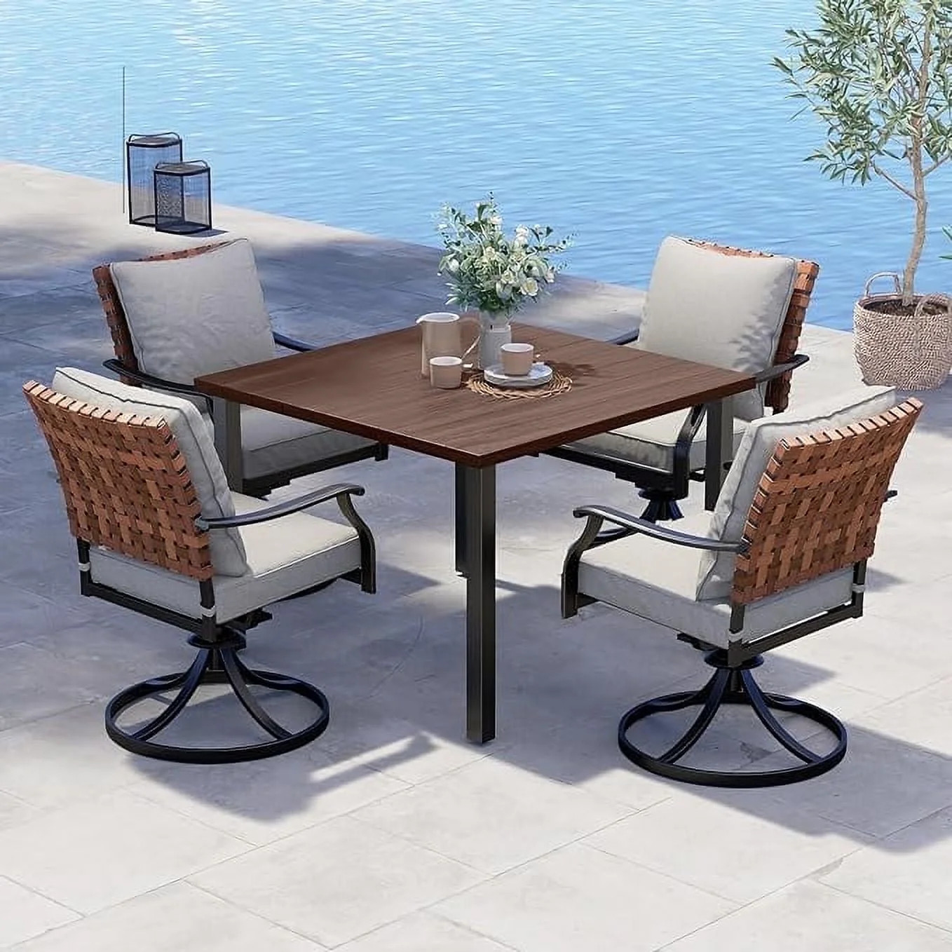 5-Piece Outdoor Patio Dining Set 4 Steel Leather-Look Resin Wicker Chairs Square