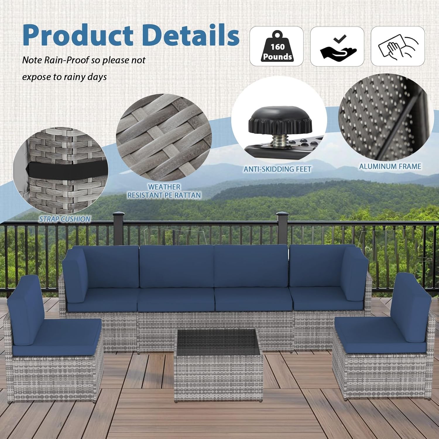 7 Piece Outdoor Furniture Set Patio Sectional Conversation Set with Coffee Table