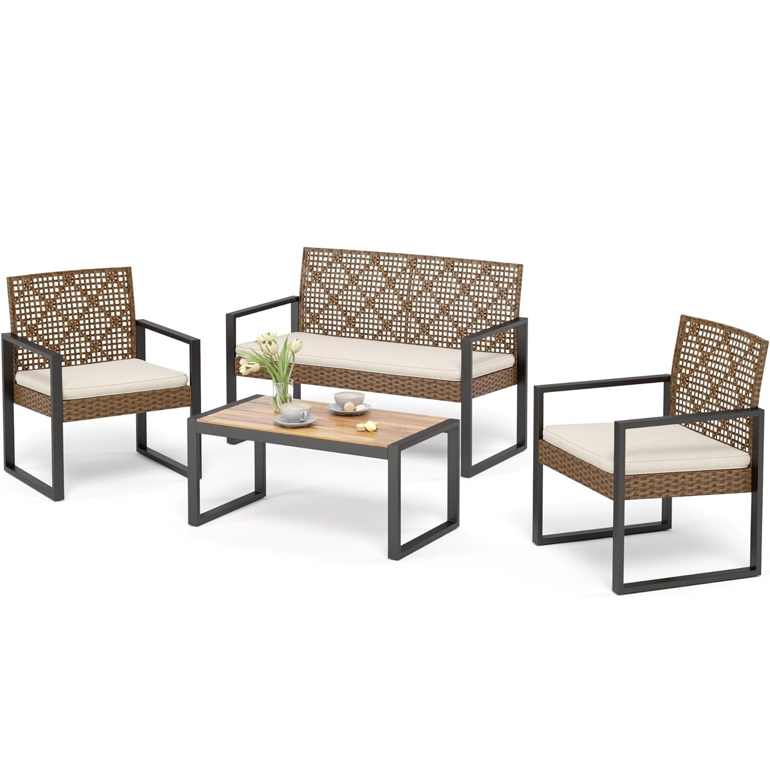 4 Piece Rattan Patio Wicker Conversation Set Outdoor Furniture Set with Cushions