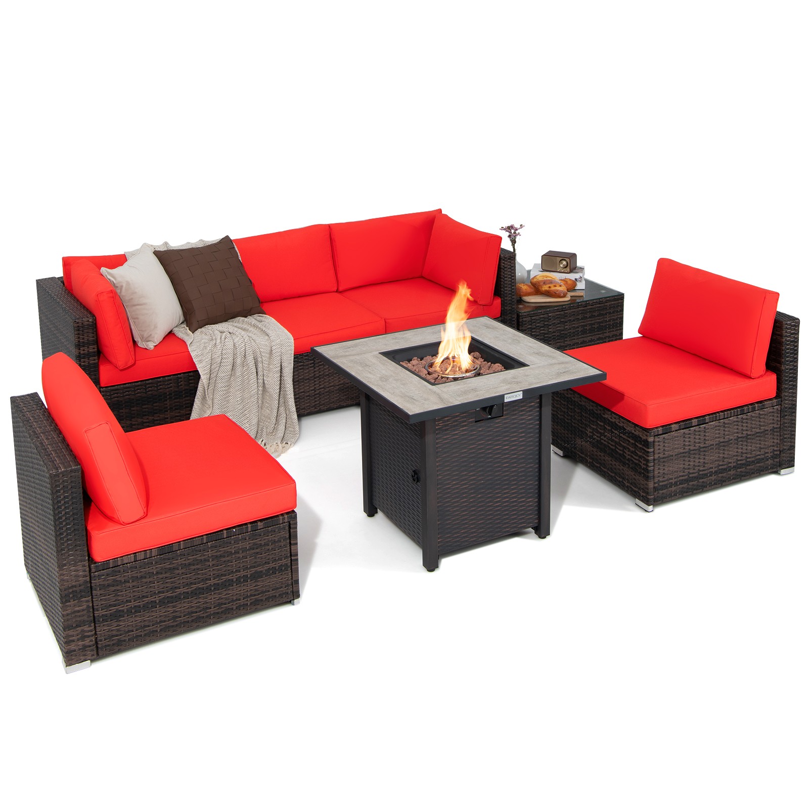 7-Piece Patio Furniture Set w/ 50,000 BTU Propane Fire Pit Table & Cushions Red