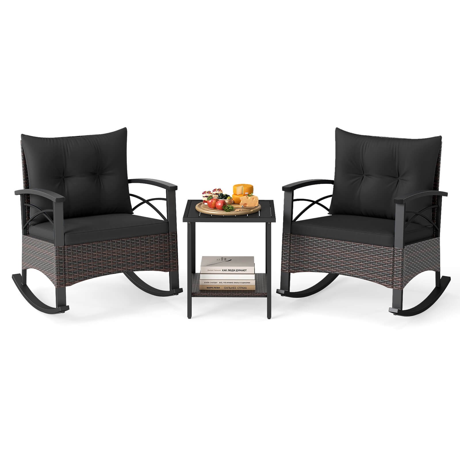3PCS Rattan Rocking Chair Set w/Acacia Wood Tabletop Armrests for Porch, Balcony