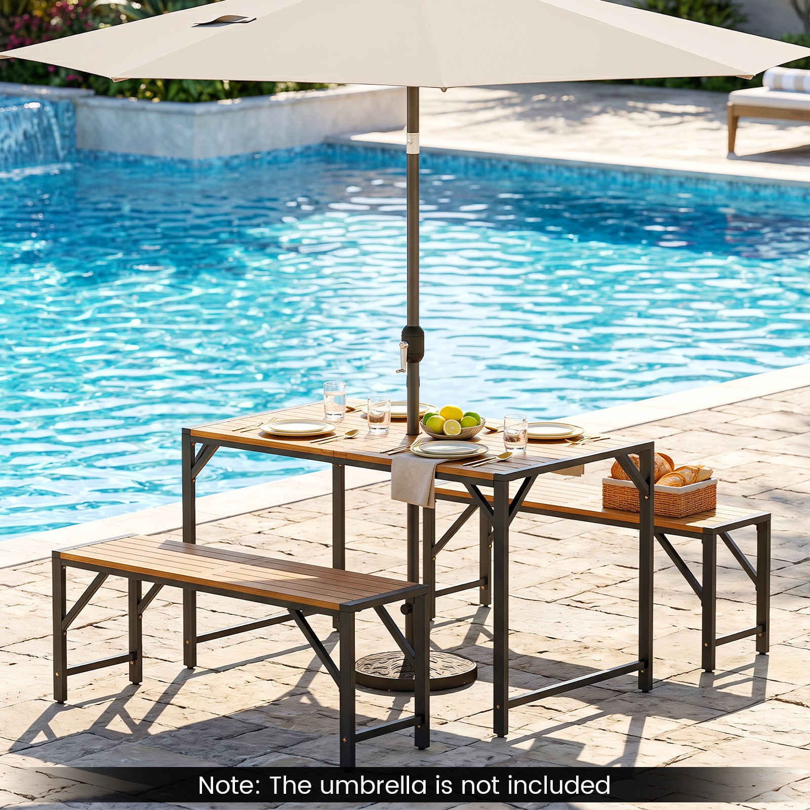 3PCS Acacia Wood Patio Dining Table Set with Umbrella Hole, 2 Backless Benches