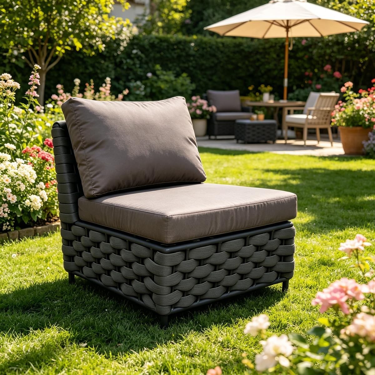 Dark Gray Armless Single Seat Outdoor Modular Sofa Woven Rope Frame Soft