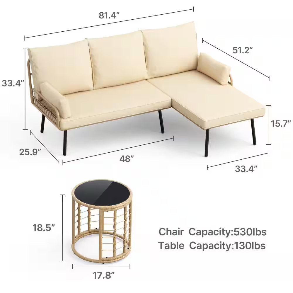 L-Shaped Outdoor Patio Furniture Set, Wicker Conversation Sofa with Cushion and