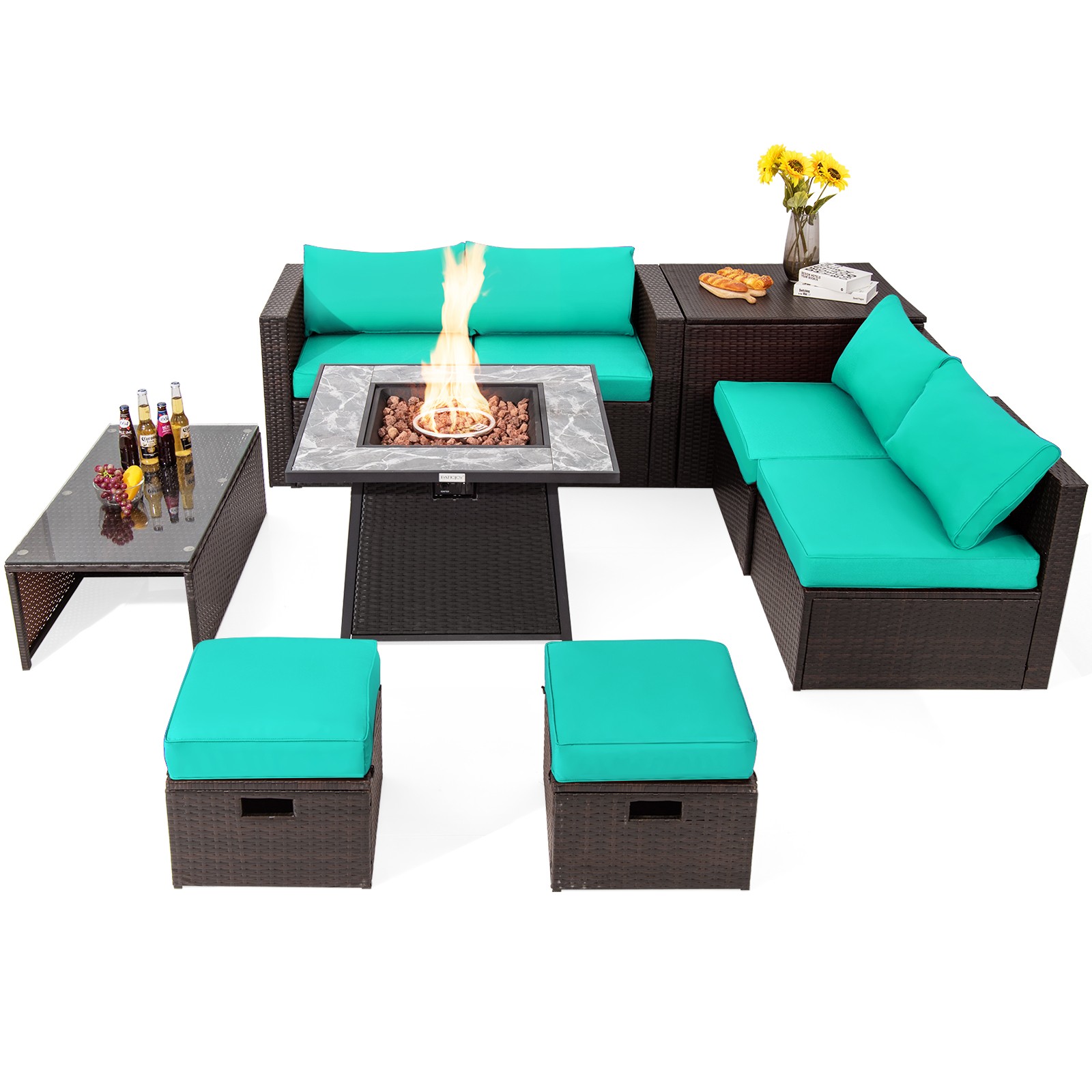 9PCS Patio Rattan Furniture Set Fire Pit Space-Saving Storage W/Cover Turquoise
