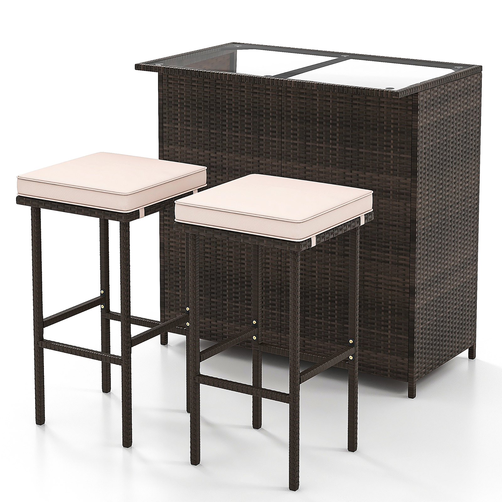 3 Pieces Patio Bar Set PE Wicker Outdoor Bar Table & Stools Set w/ Removable
