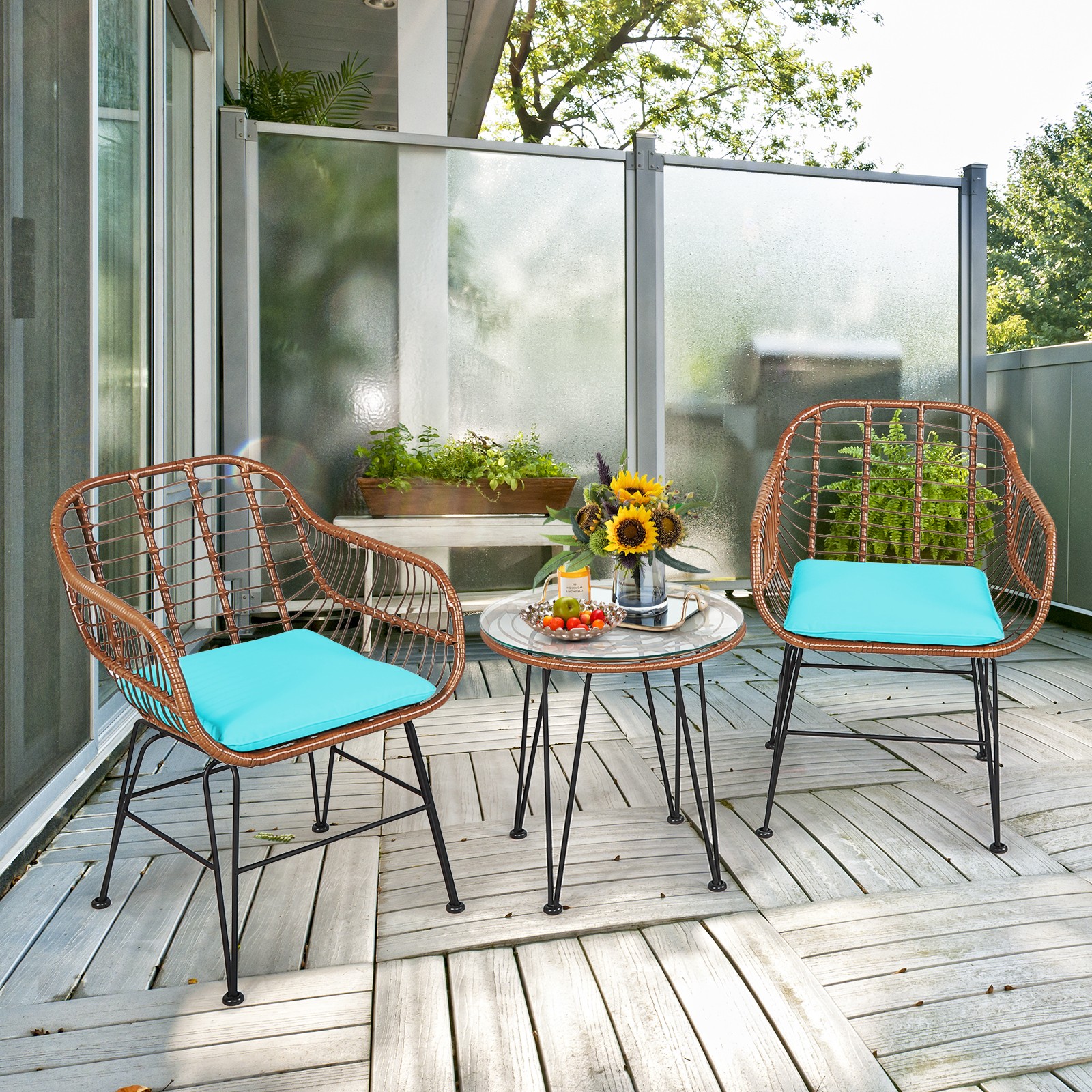 Patiojoy 3PCS Patio Rattan Bistro Set Coffee Table Armchair Turquoise Cushion