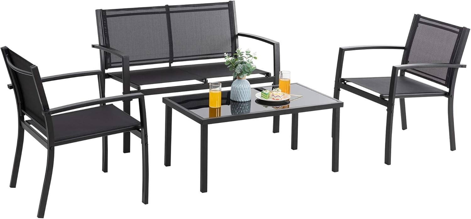 4 Pieces Patio Furniture Sets Outdoor Patio Conversation Sets with Glass Coffee