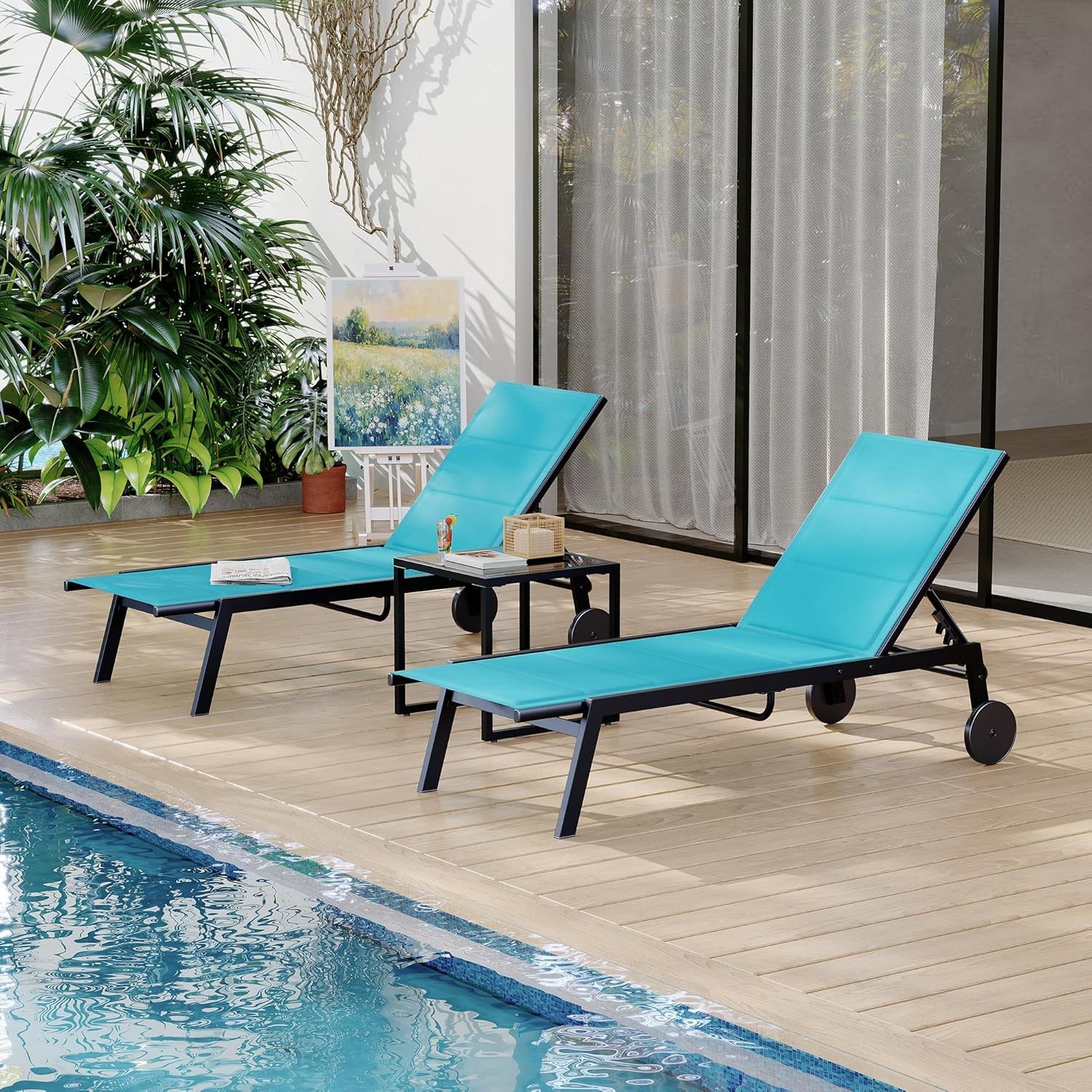 3 Pcs Outdoor Lounge Chairs w Wheel Side Table,Poolside Lounger Patio Chaise Set