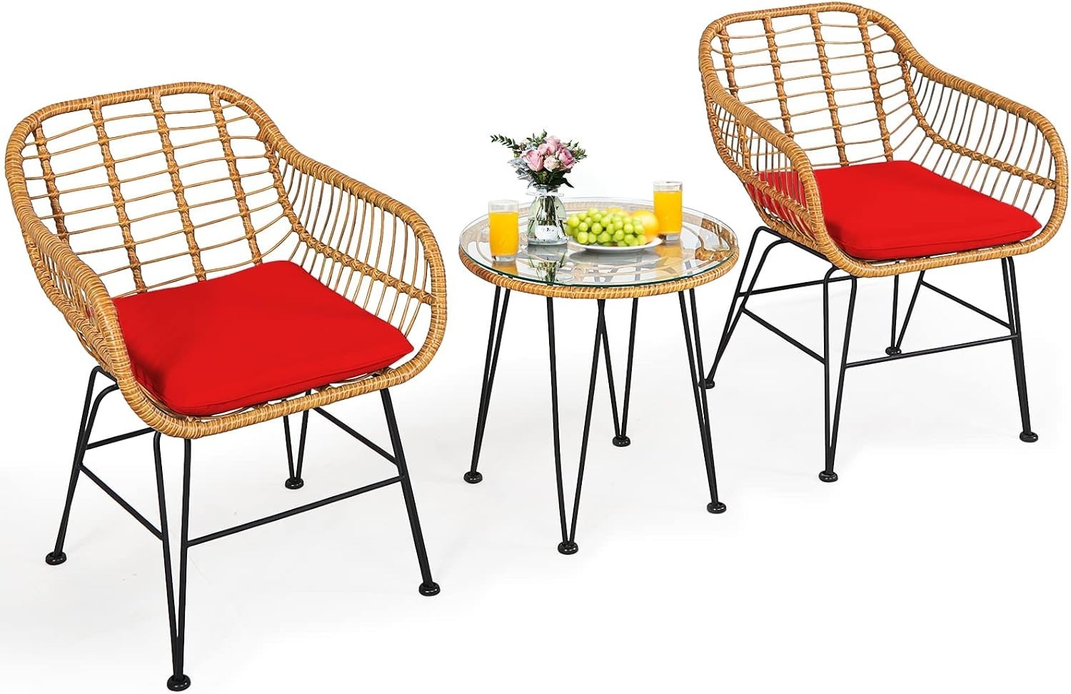 Durable Rattan Bistro Set with Cushioned Chairs & Round Glass Table for Patio