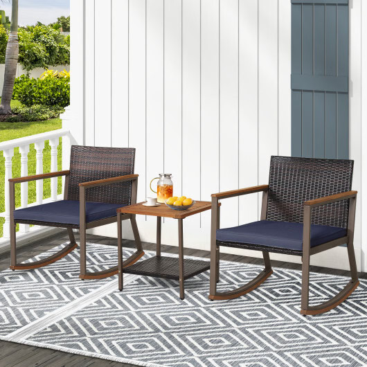 3 Pieces Rattan Rocking Bistro Set with Coffee Table and Cushions-Navy – Color: