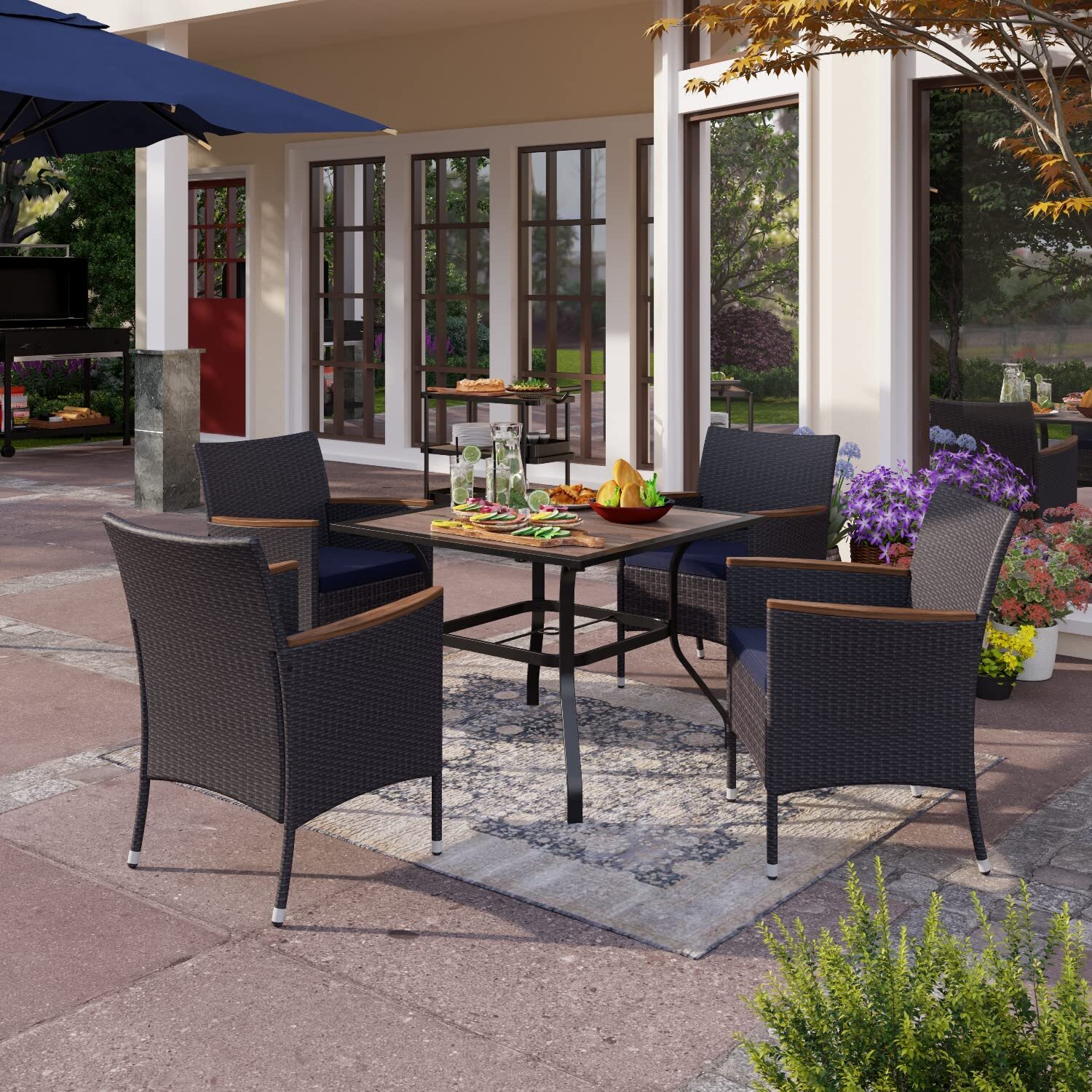 5 Piece Patio Dining Set Outdoor Furniture Set Rattan Wicker Chairs with Cushion