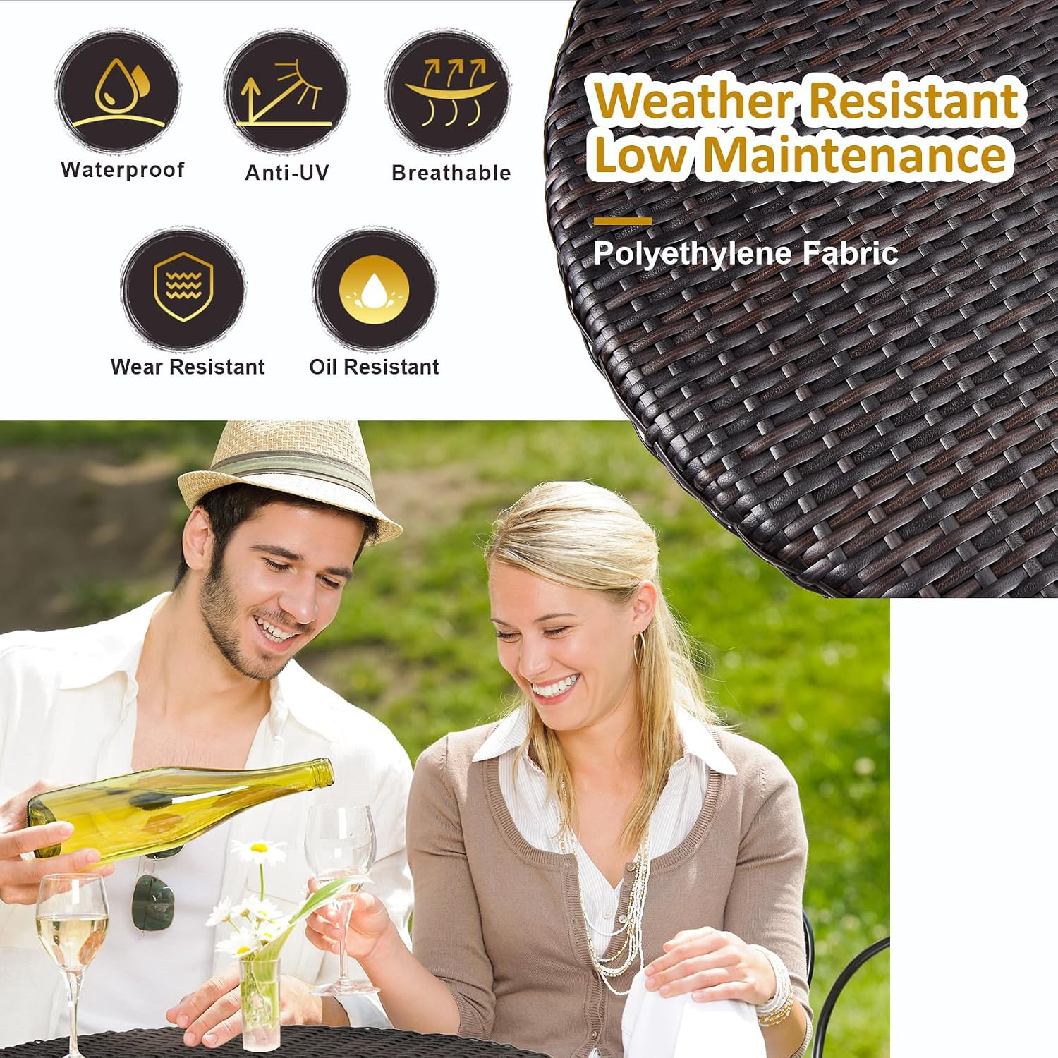 3 Pieces Folding Bistro Set PE Wicker Rattan Outdoor Patio Furniture Sets with F