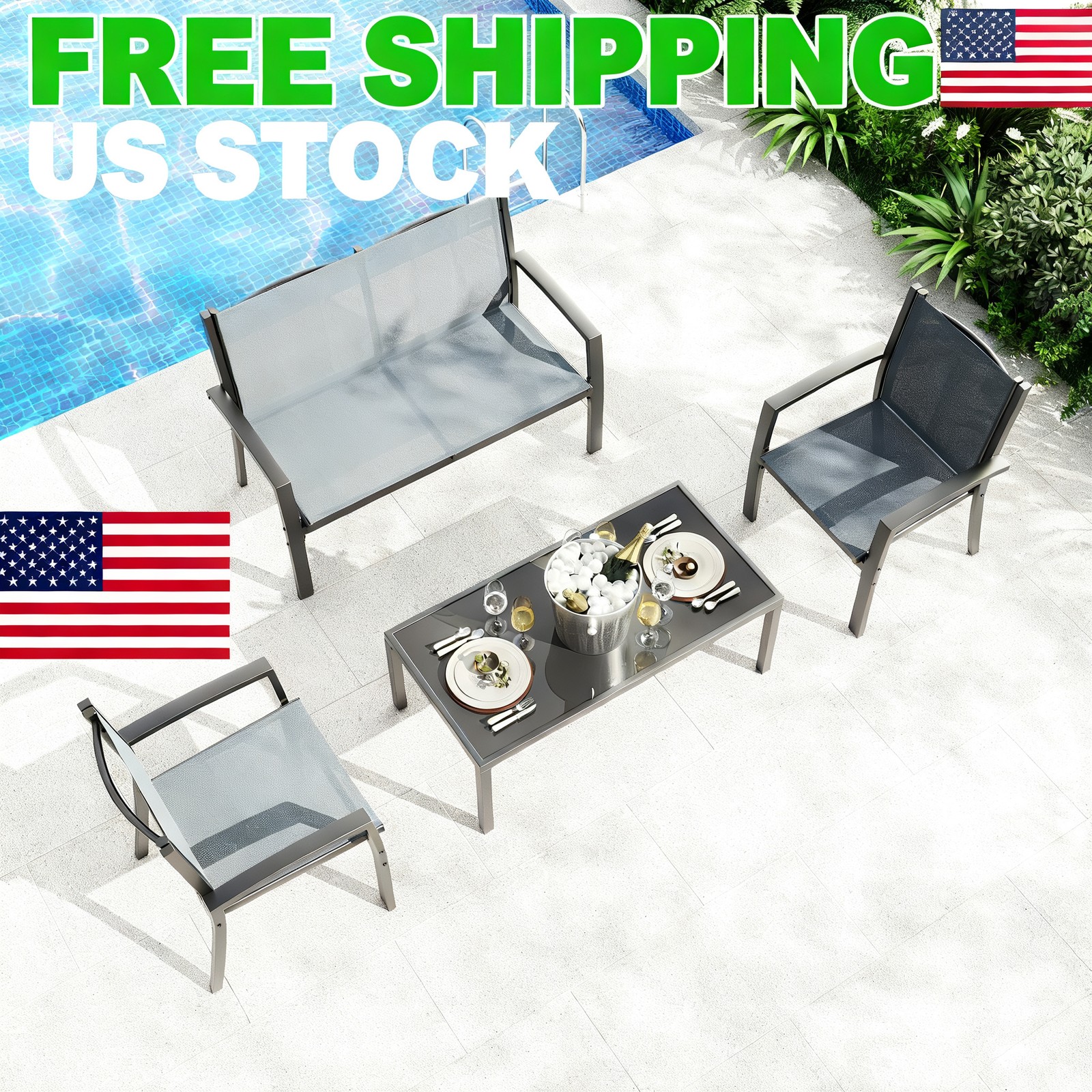 4-Piece Patio Set, Metal Textilene Outdoor Bistro Set with 2 Single Furniture
