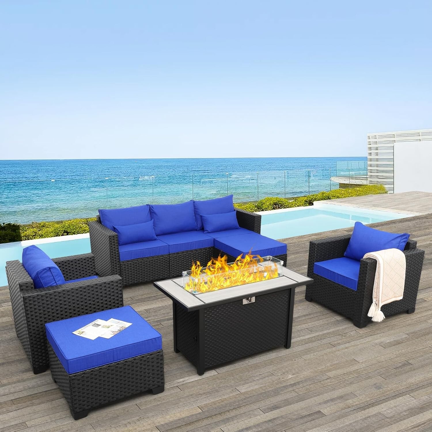 6 Pieces Outdoor Patio Furniture Propane Fire Pit Table Waterproof Anti-slip