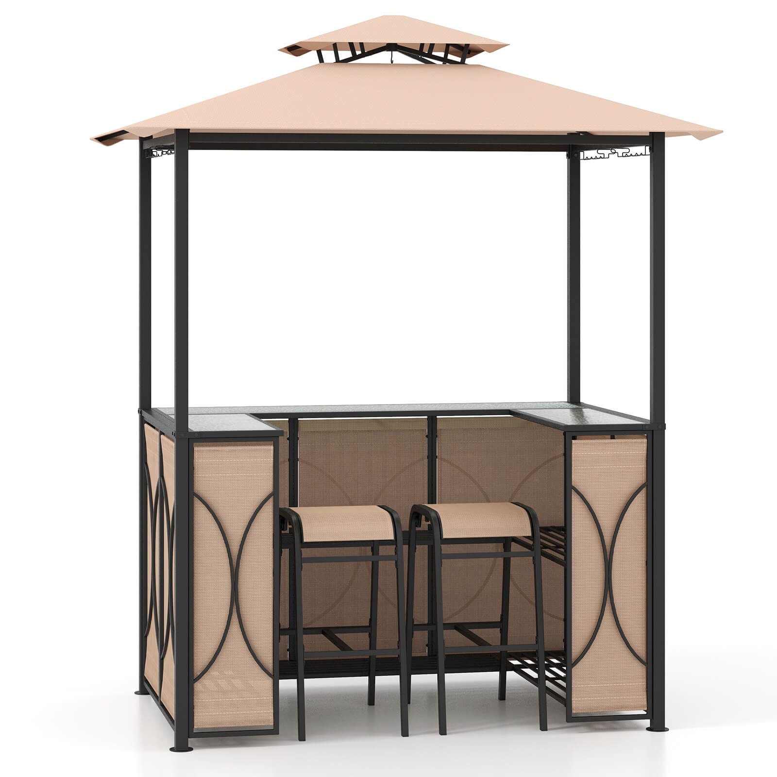 3 PCS Patio Bar Set w/ Tempered Glass Bar Table Metal Storage Shelves for Garden