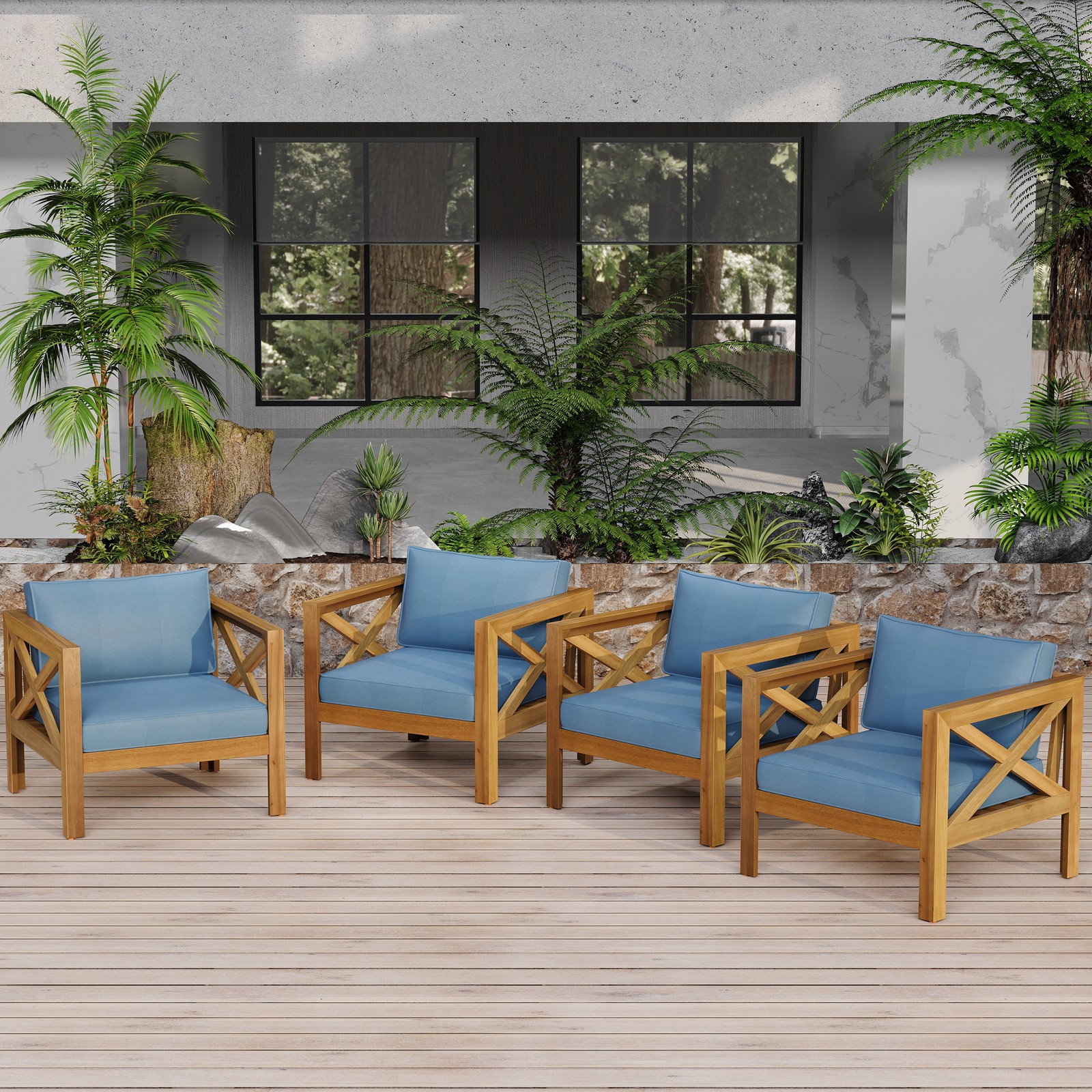 Set of 4 Acacia Wood Outdoor Club Chairs with Blue Cushions Teak Finish