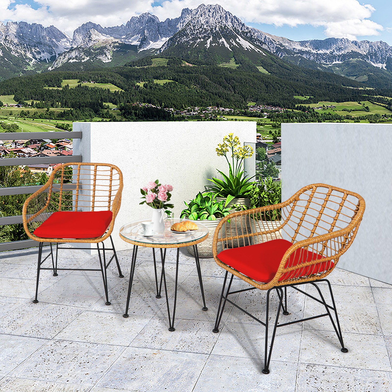 3PCS Rattan Patio Bistro Set Conversation Furniture Set w/ Red Cushions