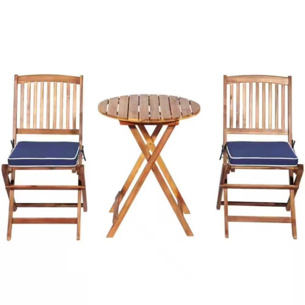 3-Piece Brown Wood round Table Outdoor Bistro Set with Padded Blue Cushion & Cof