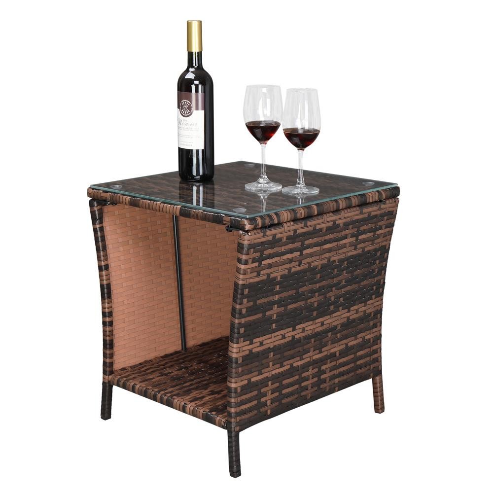 Brown Gradient Wicker Rattan Side Tea Table with Glass Patio Outdoor Furniture