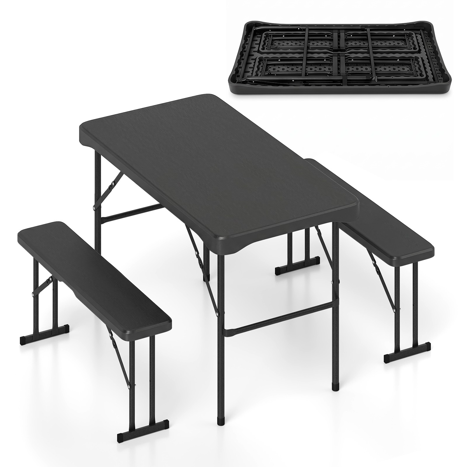 Outdoor Table Bench Set Folding Picnic Table Set w/ 2 Benches Sturdy Metal Frame