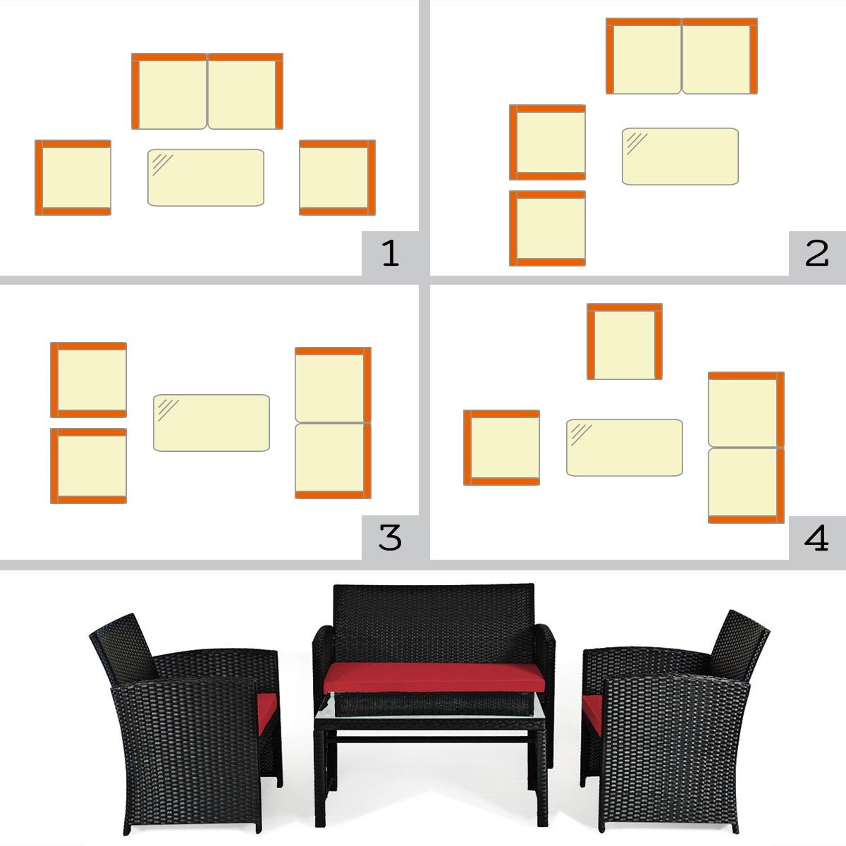 Patio 8PCS Rattan Furniture Conversation Set Cushion Sofa Table Garden Red