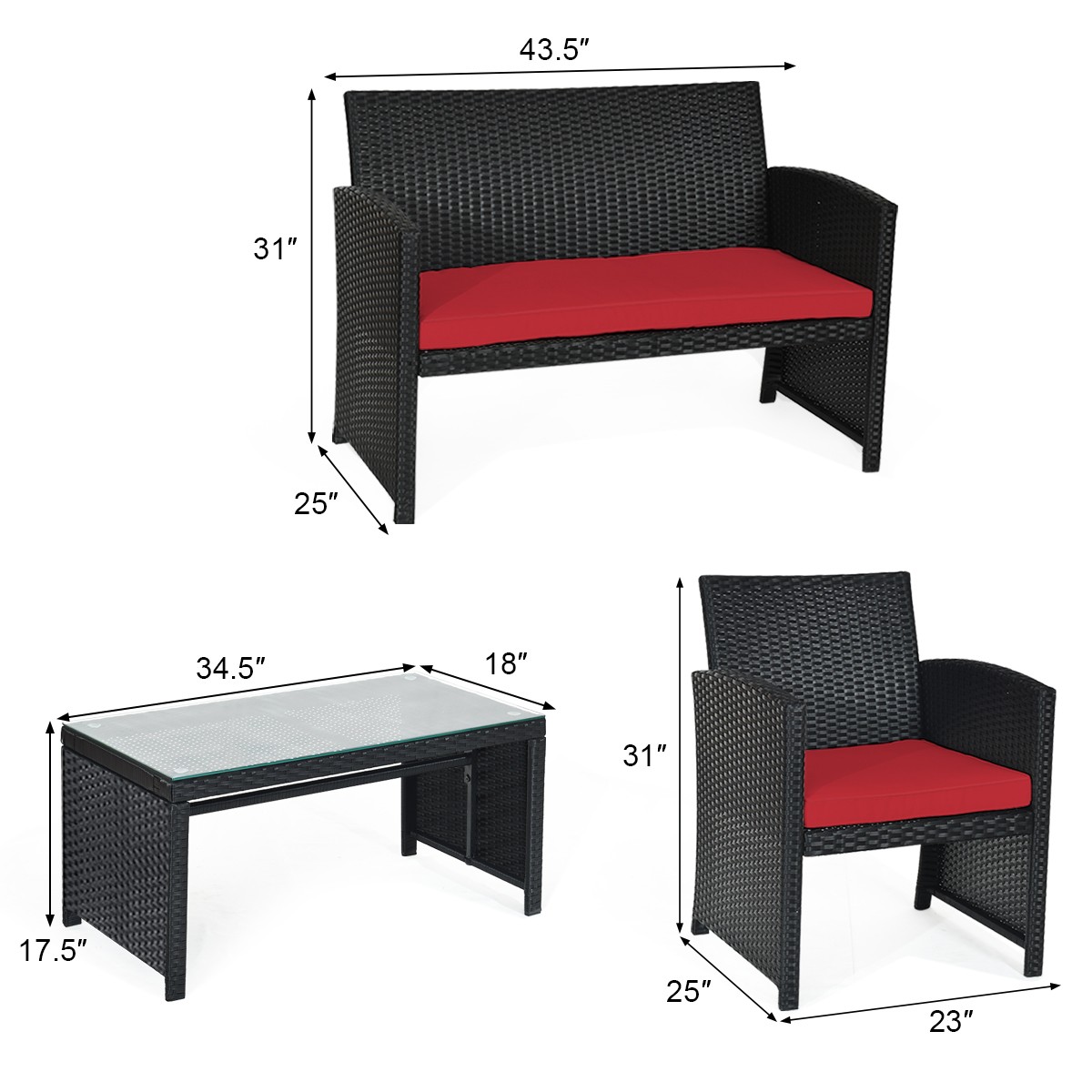 Patio 8PCS Rattan Furniture Conversation Set Cushion Sofa Table Garden Red