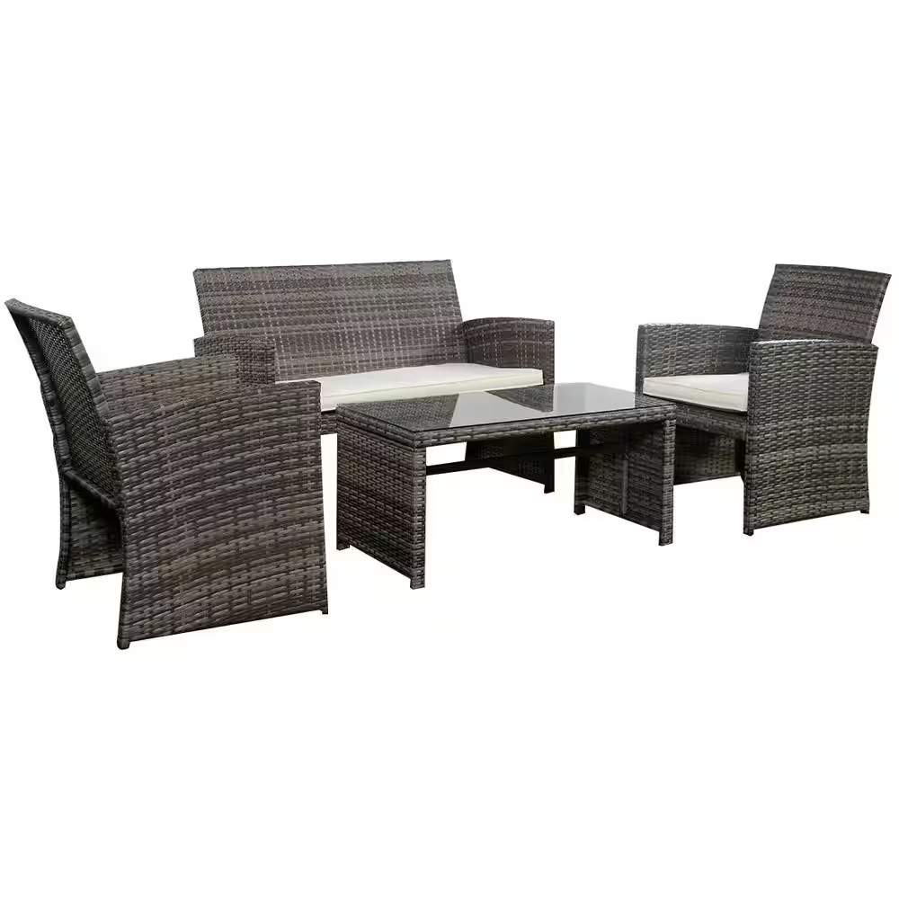 Mix Gray 4-Piece Rattan Wicker Patio Conversation Set with Beige White Cushio…
