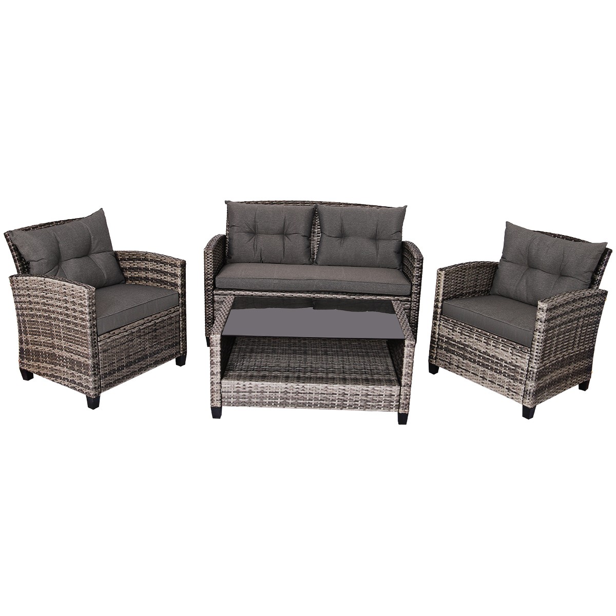 4 PCS Patio Rattan Furniture Set Coffee Table Cushioned Sofa Garden Lawn Grey