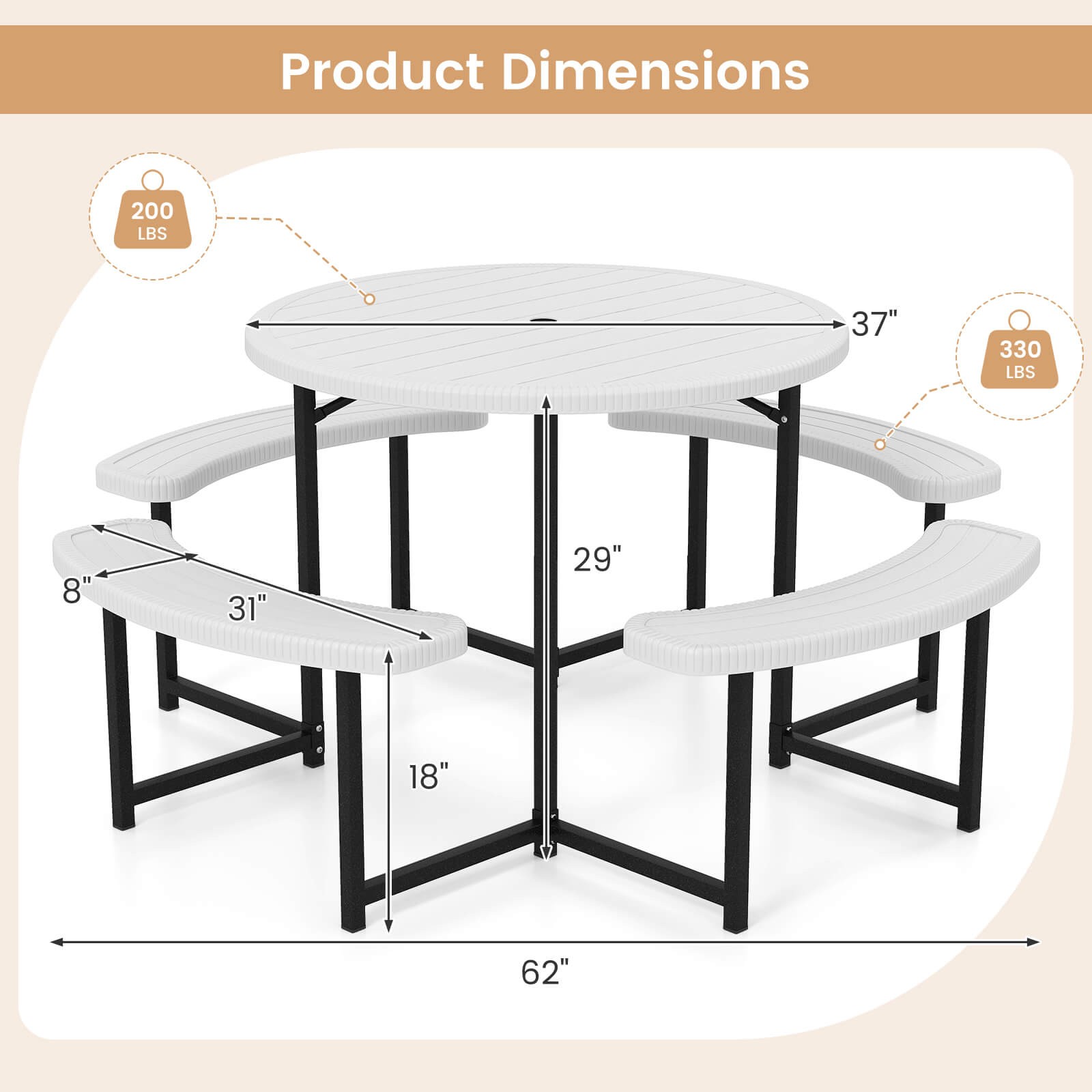 Round Picnic Table Bench Set with 4 Benches Umbrella Hole All Weather Tabletop