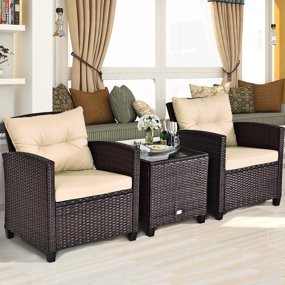 3PCS Patio Rattan Furniture Set Cushioned Conversation Set Sofa Coffee Table