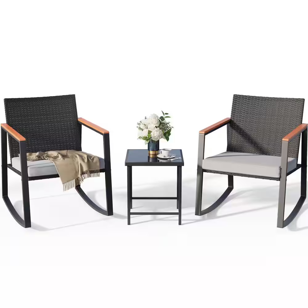 3-Pieces Outdoor Patio Wicker Furniture Set with Anti-Scald Armrest, Rocking Cha
