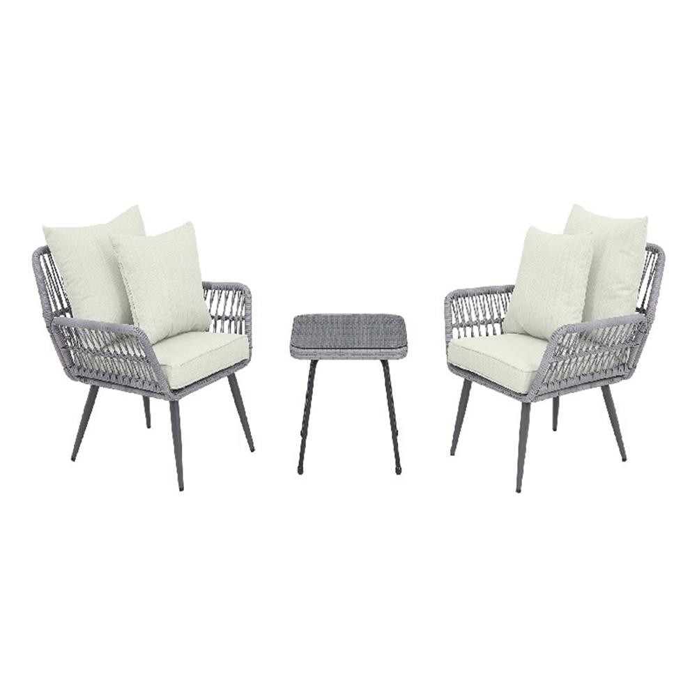 Manhattan Comfort Cannes 3-Piece Rattan Patio Conversation Set in Gray/Cream