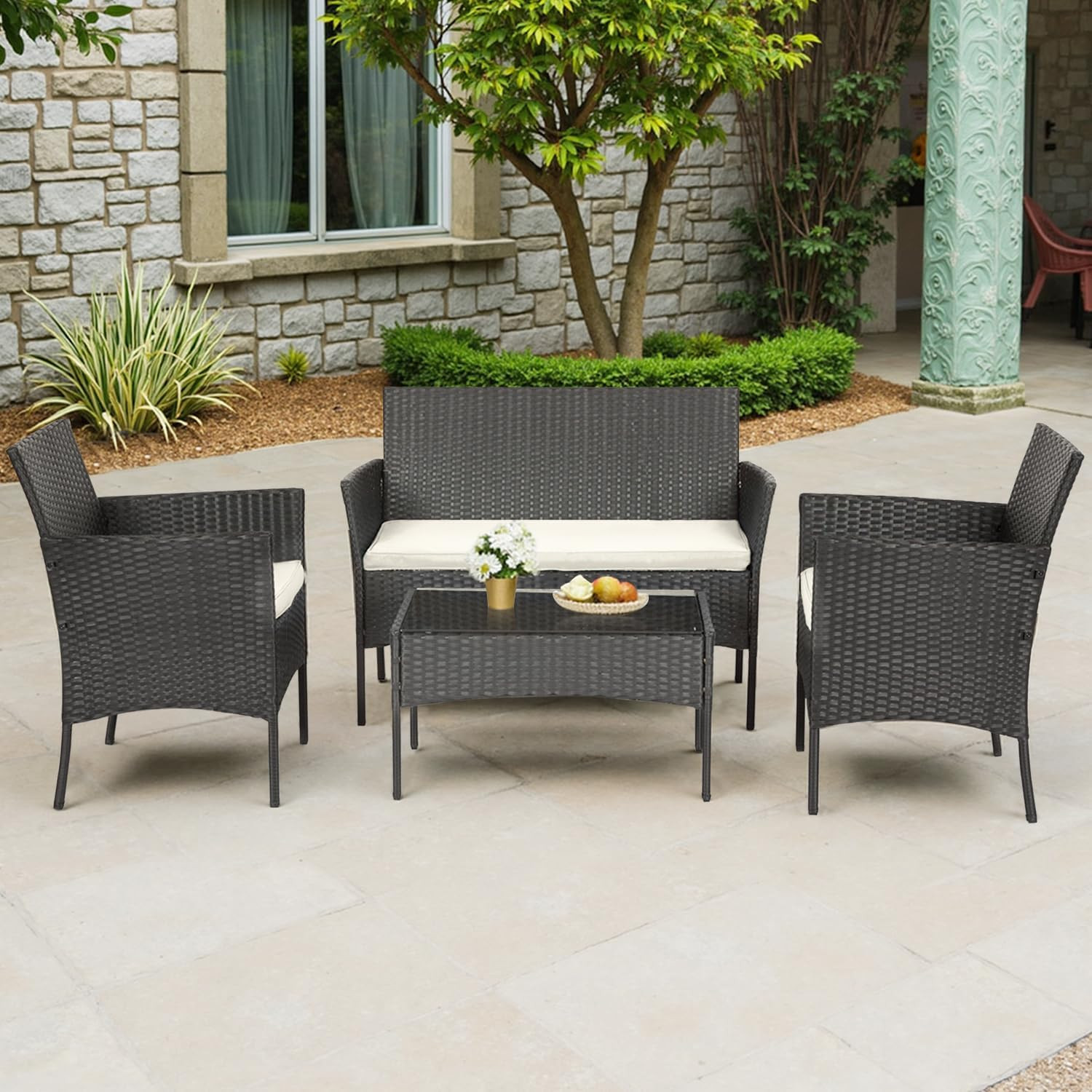 | 4-Piece Patio Furniture Set | Black | Outdoor Wicker Furniture with Coffee Tab