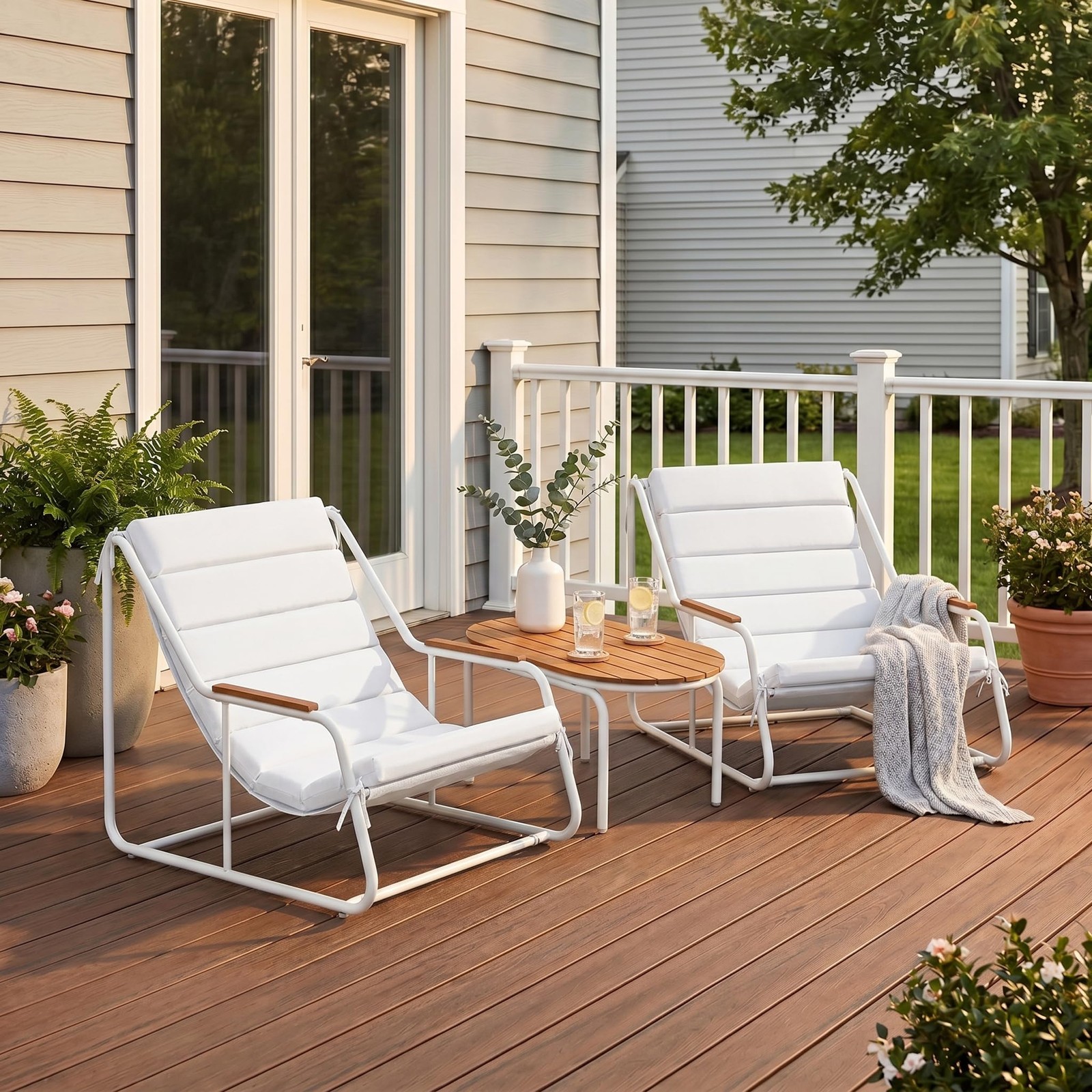 Outdoor White Lounge 2 Chairs And Table For Patio Pool 3 Piece Set Clearance